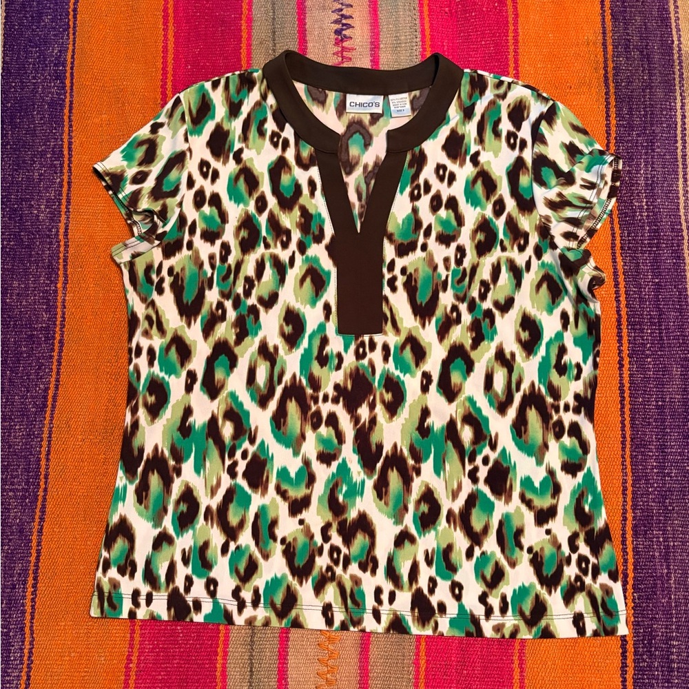 Chico's Green and Brown Animal Print Blouse